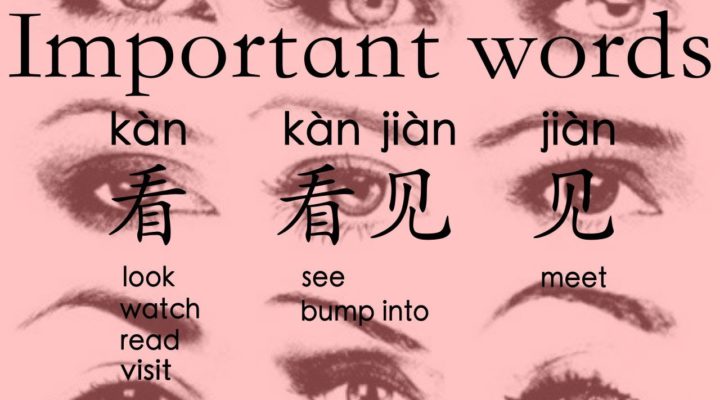 Learn Chinese Vocabulary: 看 kàn — look/watch/read/visit; 看见 kànjiàn – see; 见 jiàn — meet